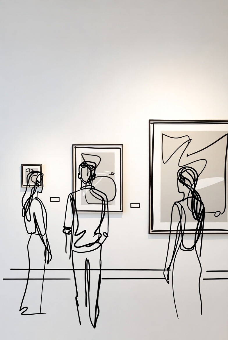 Minimal line illustration of people viewing framed artworks in a gallery, used to show relative display scale and size for physical art pieces.