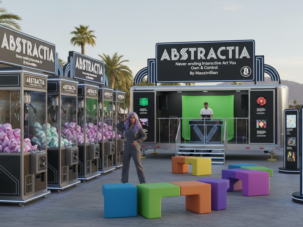 Outdoor rooftop art installation on the top level of a parking structure, displaying ABSTRACTIA generative projections, interactive machines, and attendees engaging with the artwork at sunset.