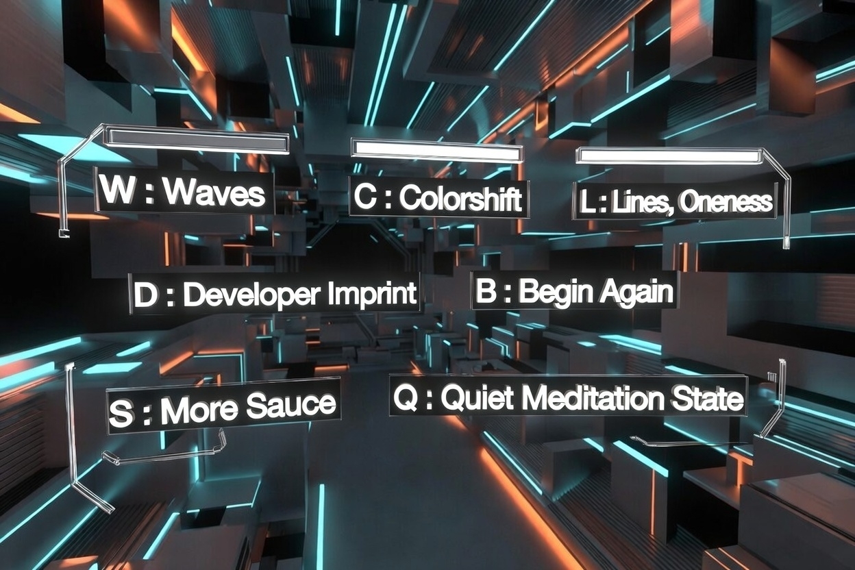 Futuristic 3D control panel interface for Abstractia showing labeled key commands including Waves, Colorshift, Lines, Developer Imprint, Begin Again, More Sauce, and Quiet Meditation State.