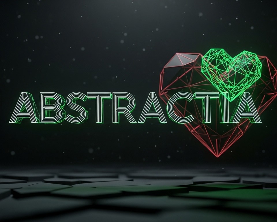 ABSTRACTIA XLV interactive digital artwork by Maxximillian featuring neon green geometric heart over desert-toned wave grid, time-based generative art on Transient Labs
