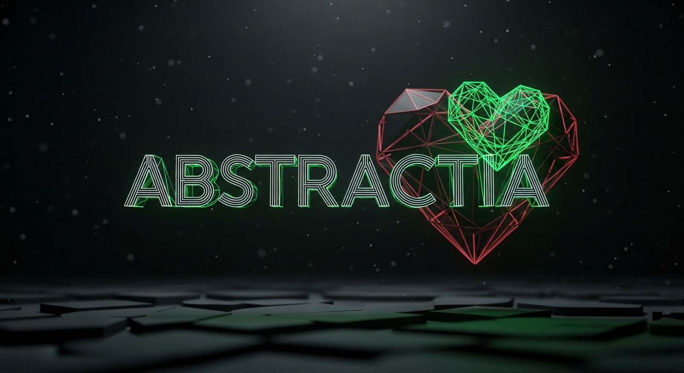 ABSTRACTIA XLV interactive digital artwork by Maxximillian featuring neon green geometric heart over desert-toned wave grid, time-based generative art on Transient Labs