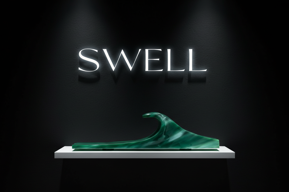 Green sculptural wave from SWELL Solid Waves by Maxximillian displayed under gallery lighting, interactive ocean artwork.