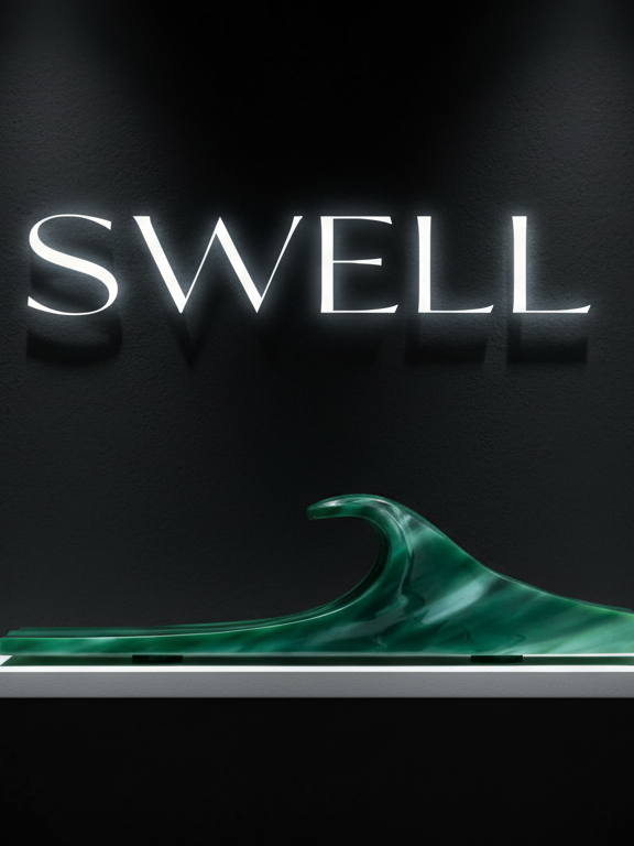 Green sculptural wave from SWELL Solid Waves by Maxximillian displayed under gallery lighting, interactive ocean artwork.