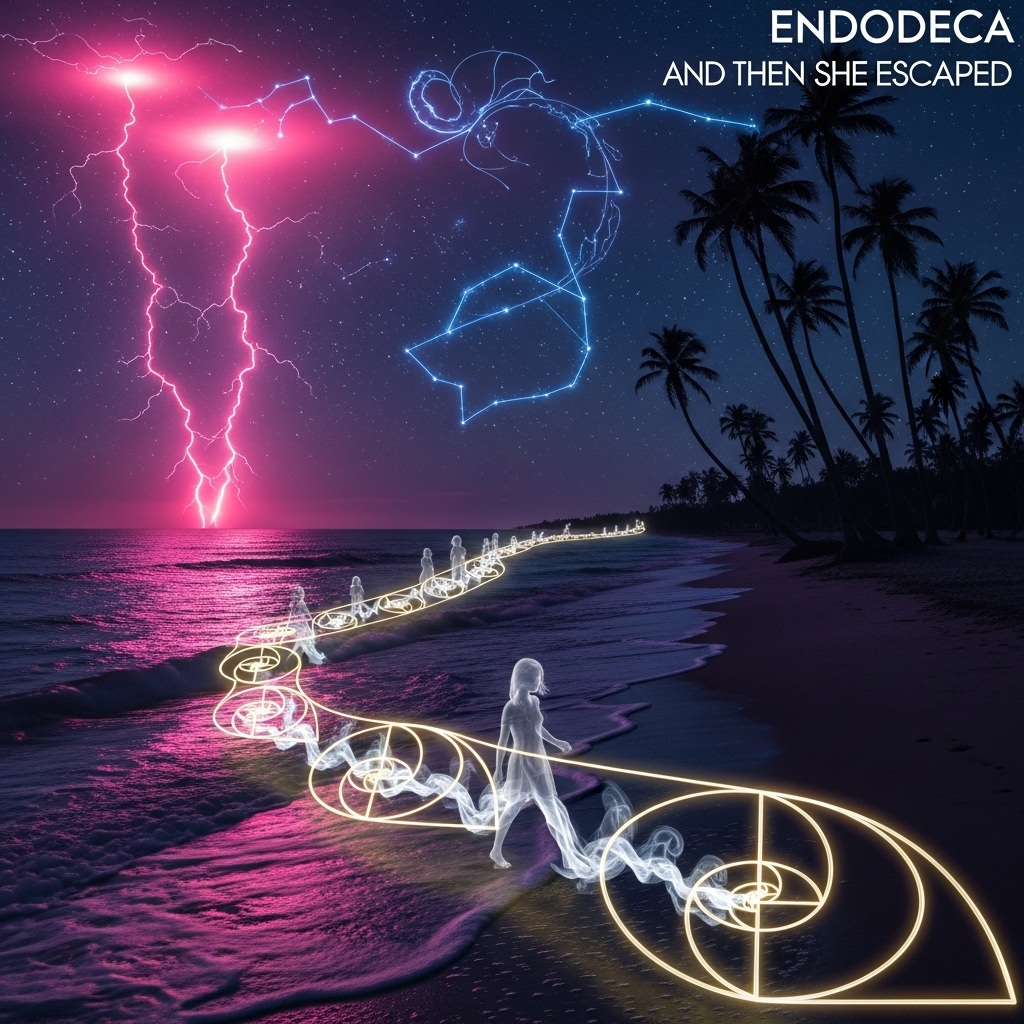 ENDODECA And Then She Escaped album cover &mdash; neon constellation figures and pink lightning over a tropical beach at night, Supreme Racket Records